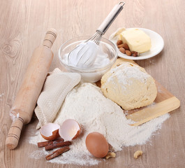 Ingredients for the dough wooden table