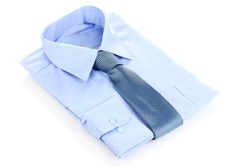 New blue man's shirt and tie isolated on white