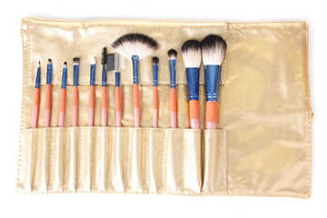 Set of make-up brushes in golden leather case isolated on white