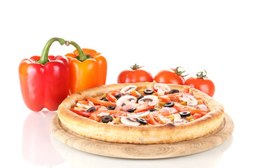 Aromatic pizza with vegetables isolated on white