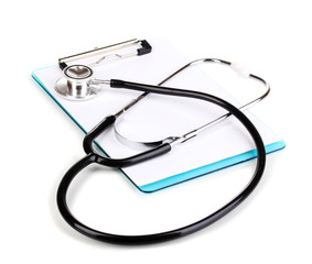 Stethoscope and blank clipboard isolated on white