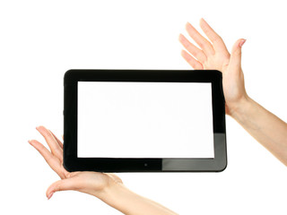 woman hands holding a tablet isolated on white