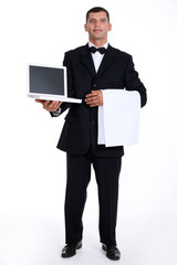 waiter holding a laptop