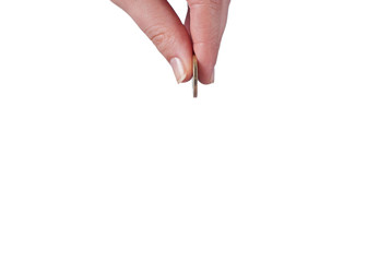 women hand puts a coin with place for your own text, Saving