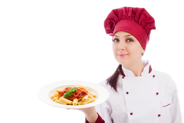 Chef with pasta plate in her hands