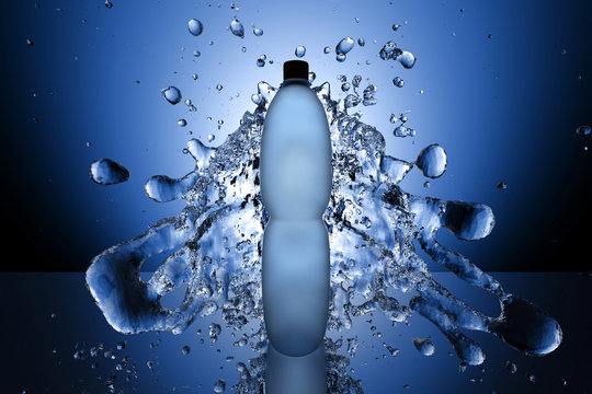 Splashes of water flowing around bottle on the blue background