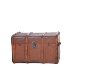 vintage brown wooden big suitcase isolated on white background