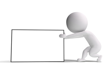 3d human pulls an advertising billboard on white background
