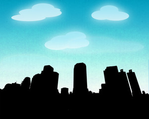Silhouette of the city with blue sky;old paper background