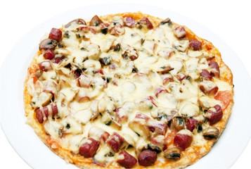 Fresh, hot pizza with sausages