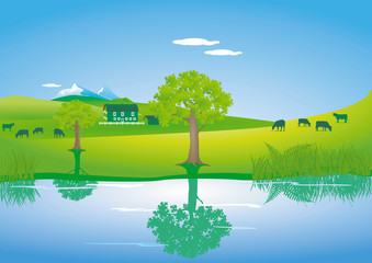 Landschaft mit Kühen am einem See