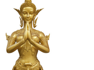 Fototapeta premium A Golden Kinnari statue demonstrating Sawaddee action