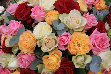red and pastel roses in a mixed rose arrangement