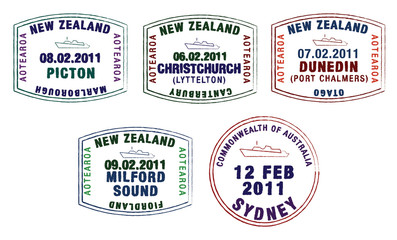 Vector stylised passport stamps from Australia and New Zealand.