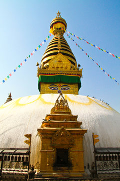 Stupa of the swayambhunath temple with blue sky in kathmandu, Ne