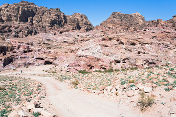 landscape of city Petra witn ancient caverns and tomb