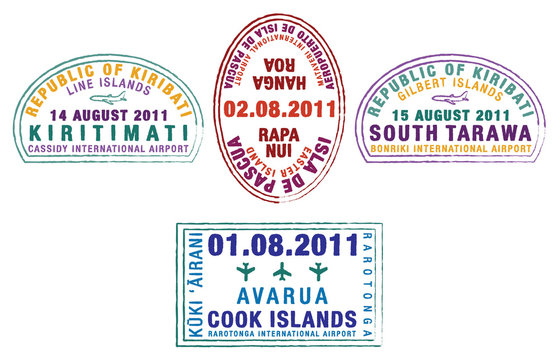 Kiribati, Easter Island and the Cook Islands passport stamps.