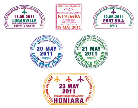 Passport stamps from the western Pacific Island countries.