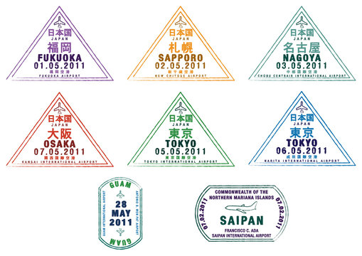Passport stamps from Japan, Guam and Saipan.