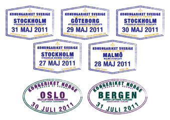 Passport stamps from Sweden and Norway.