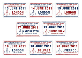 Passport stamps of the UK and Northern Ireland.
