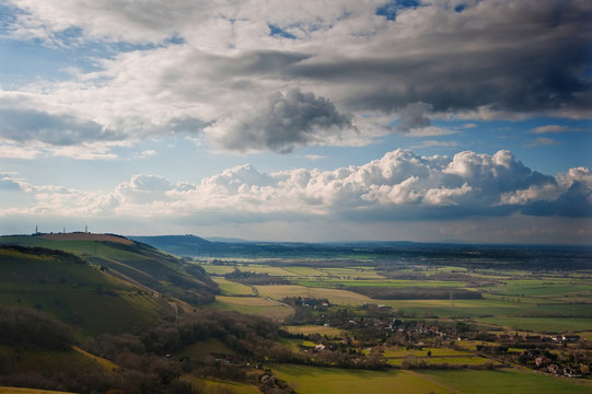 Stunning scene across escarpment countryside landscape with bea