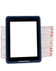 e-book reader and stack of books