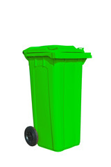 Large green garbage bin with wheel in white background