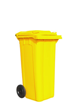 Large yellow garbage bin with wheel in white background