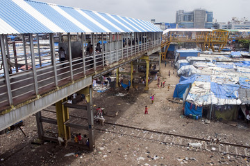 Slum near railway in Mumbai, India