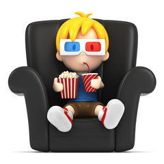 3d render of a kid wearing 3d glass while watching