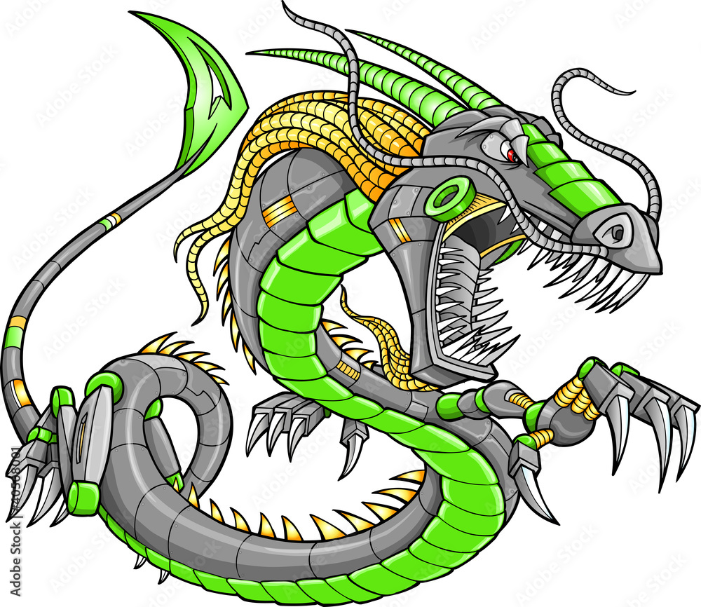 Poster green robot cyborg dragon vector illustration art