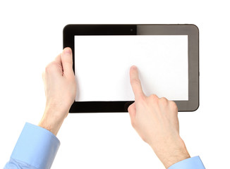 male hands holding a tablet isolated on white