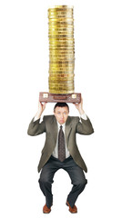 Businessman sat down under the weight of money