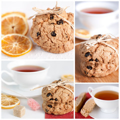 Homemade cookies and tea for a delicious breakfast. Collage.