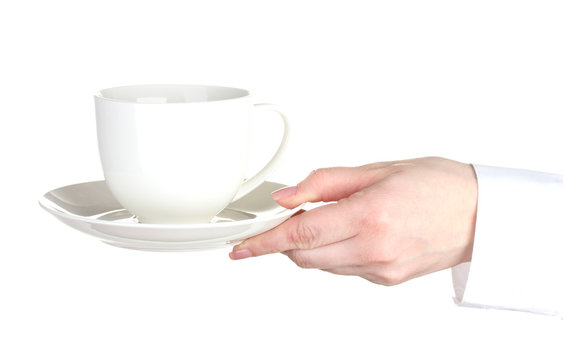Woman hand with cup of coffee isolated on white