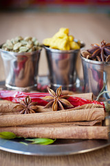 Spices: pepper, nutmeg, cinnamon, cloves, cardamom, turmeric