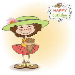 cute birthday greeting card with girl and her teddy bear