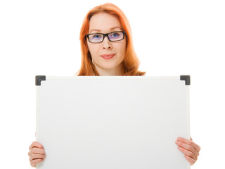 Young businesswoman showing blank signboard.