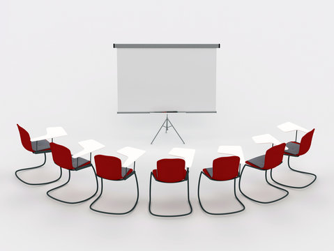 training room with marker board and chairs. isolated on a white