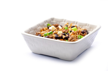 Costa Rican Black beans, rice, onion, and hamburger in square bo