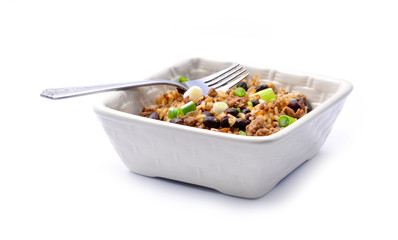 Costa Rican Black beans, rice, onion, and hamburger in square bo