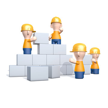 Teamwork - Bauarbeiter legen zusammen Bausteine