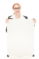 Fototapeta premium Businesswoman holding blank whiteboard sign.