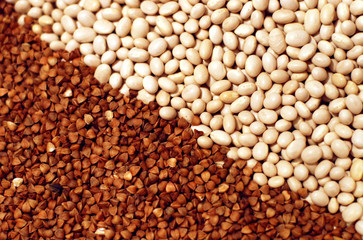 Raw white beans and buckwheat diagonal