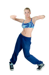 The girl the trainer on dances isolated on white  background