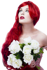 beautiful redhead woman, long red wavy hair