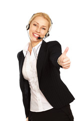 Beautiful business woman with headset showing ok. Call center