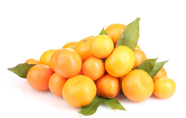 tangerines with leaves isolated on white