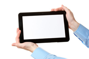 male hands holding a tablet isolated on white
